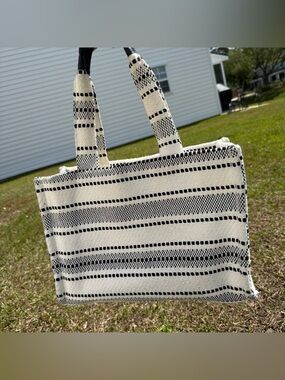 H&M Striped Canvas Tote Bag coastal minimalist chic